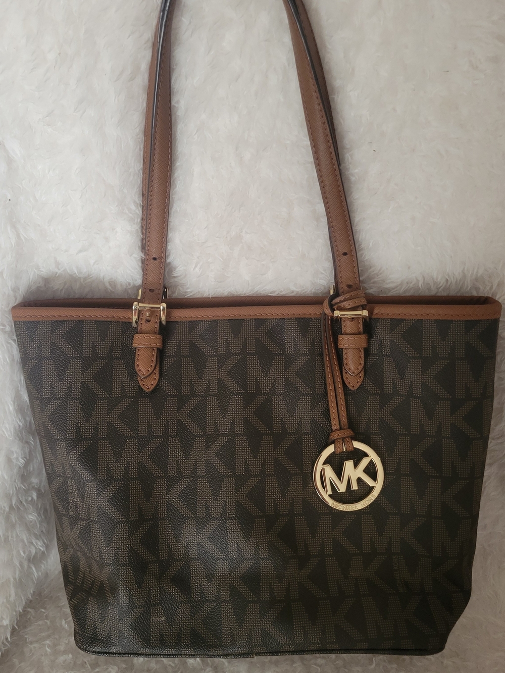 Michael Kors Brown and Tan Signature MK Tote with Gold Charm